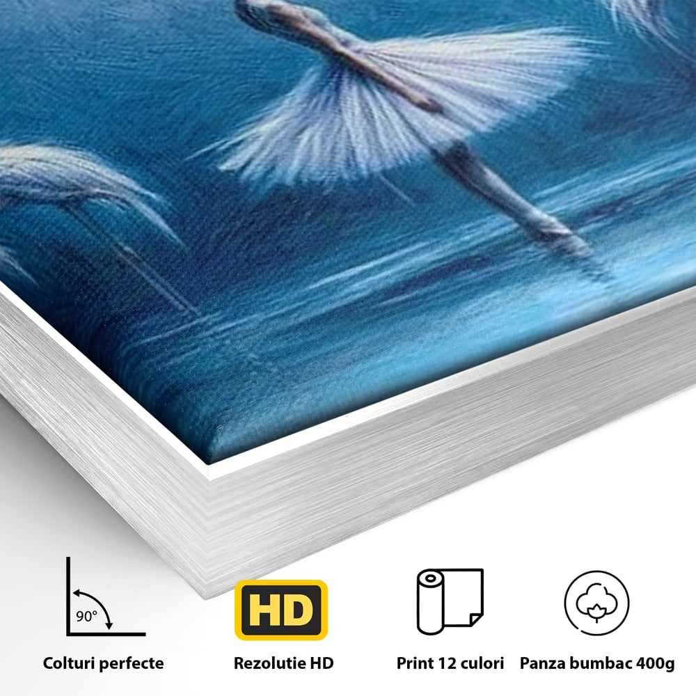 Detaliu al suprafetei: tablou canvas cu balerina si flamingo, in rama de aluminiu argintiu